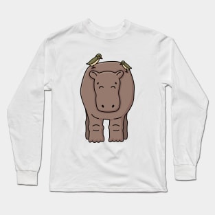 Brown outline cartoon gray kid hippo stands on the ground Long Sleeve T-Shirt